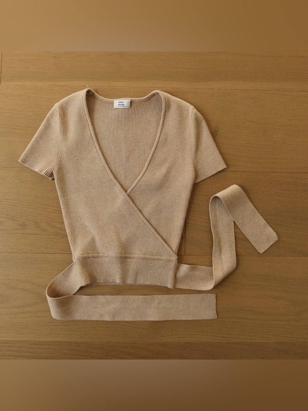 Little Moon Beige Ribbed Wrap V-Neck Sweater